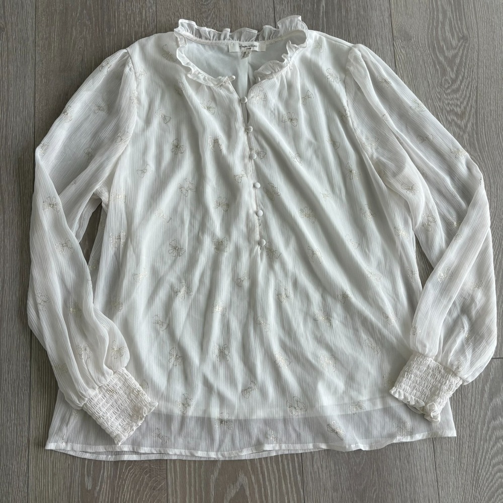 Haver & Blair Womens White Balloon Sleeve Delicate Bow Print Blouse Top Size L